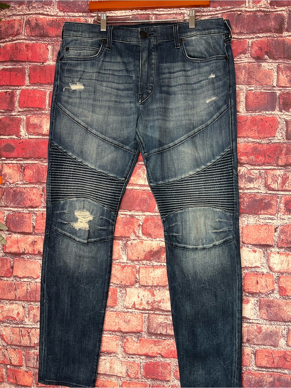 True Religion Rocco Relaxed Skinny Moto Distressed Biker Jeans 36